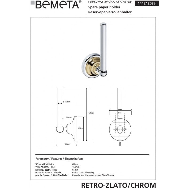 Portarotolo di ricambio RETRO in ottone cromo-oro 6,5x17x6,5 cm