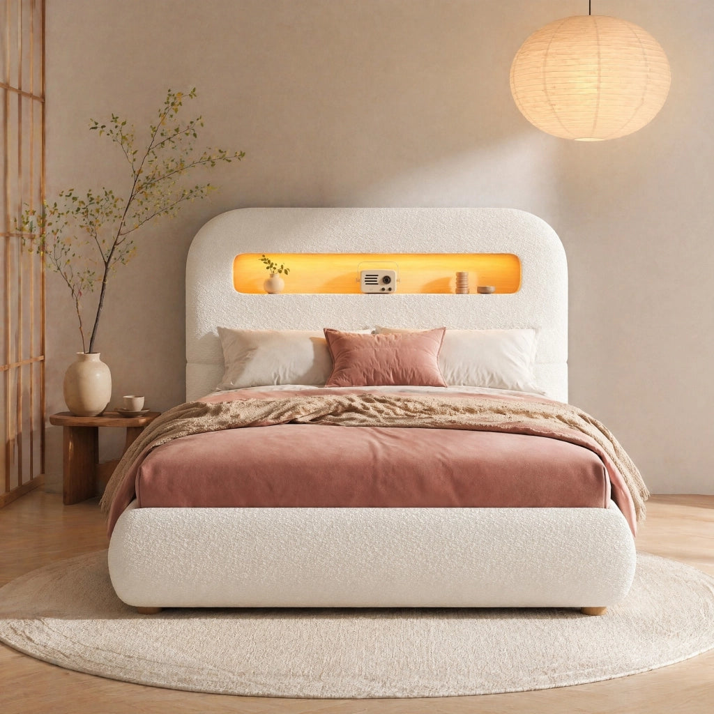 Letto singolo imbottito 90x200 cm con contenitore idraulico, LED e rete a doghe, bianco bouclé