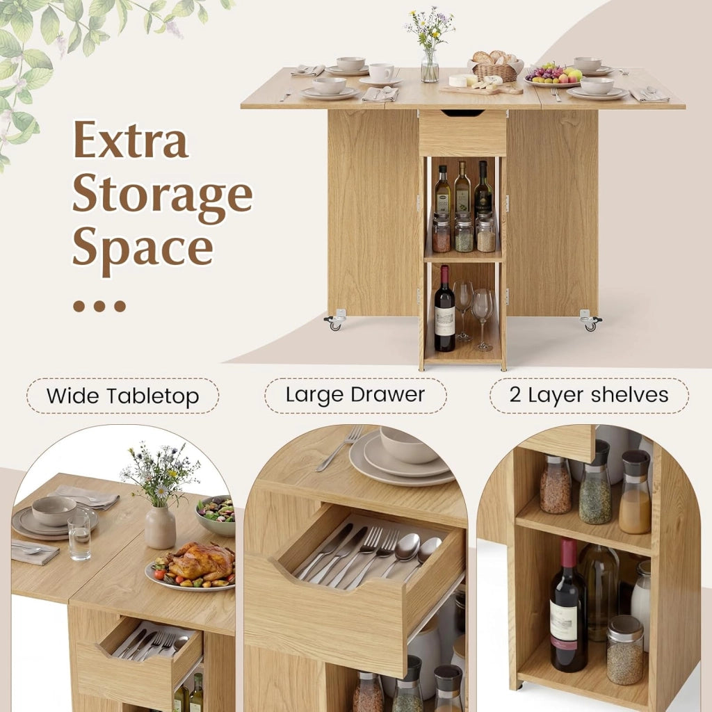 Tavolo da Pranzo Pieghevole, Mobile da Cucina con Ali Pieghevoli, 1 Cassetto e 2 Ripiani Aperti, per 2-4 Persone, Salvaspazio, 120 x 72 x 75 cm, Ideale per Sala e Cucina