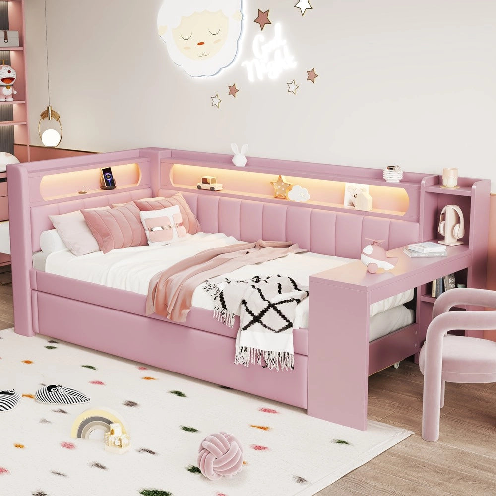 Letto a Soppalco Imbottito con Scrivania e Letto Estraibile, LED e USB ¨C MINIMAL ¨C Rosa 90x200