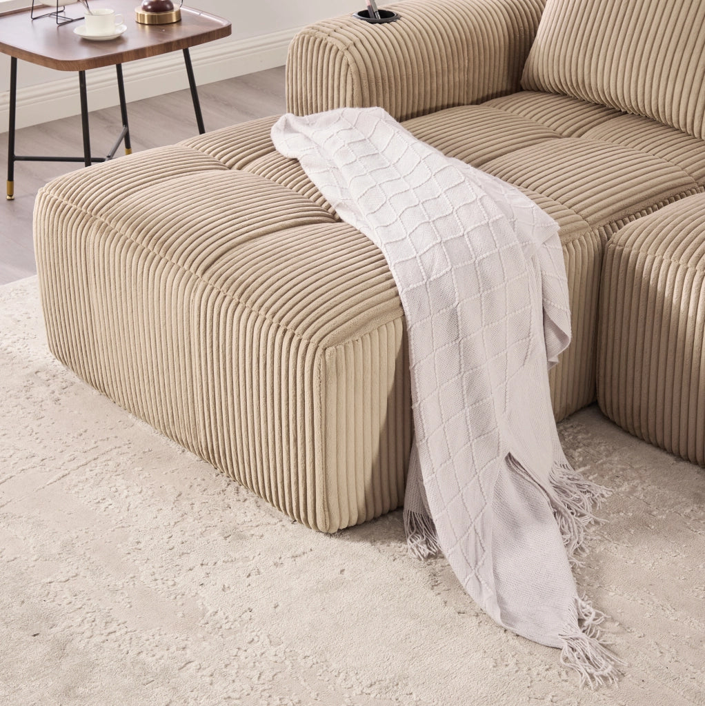 Divano modulare 253x158x61 cm con sistema combinabile DIY; tasche laterali e portabicchieri in corduroy khaki