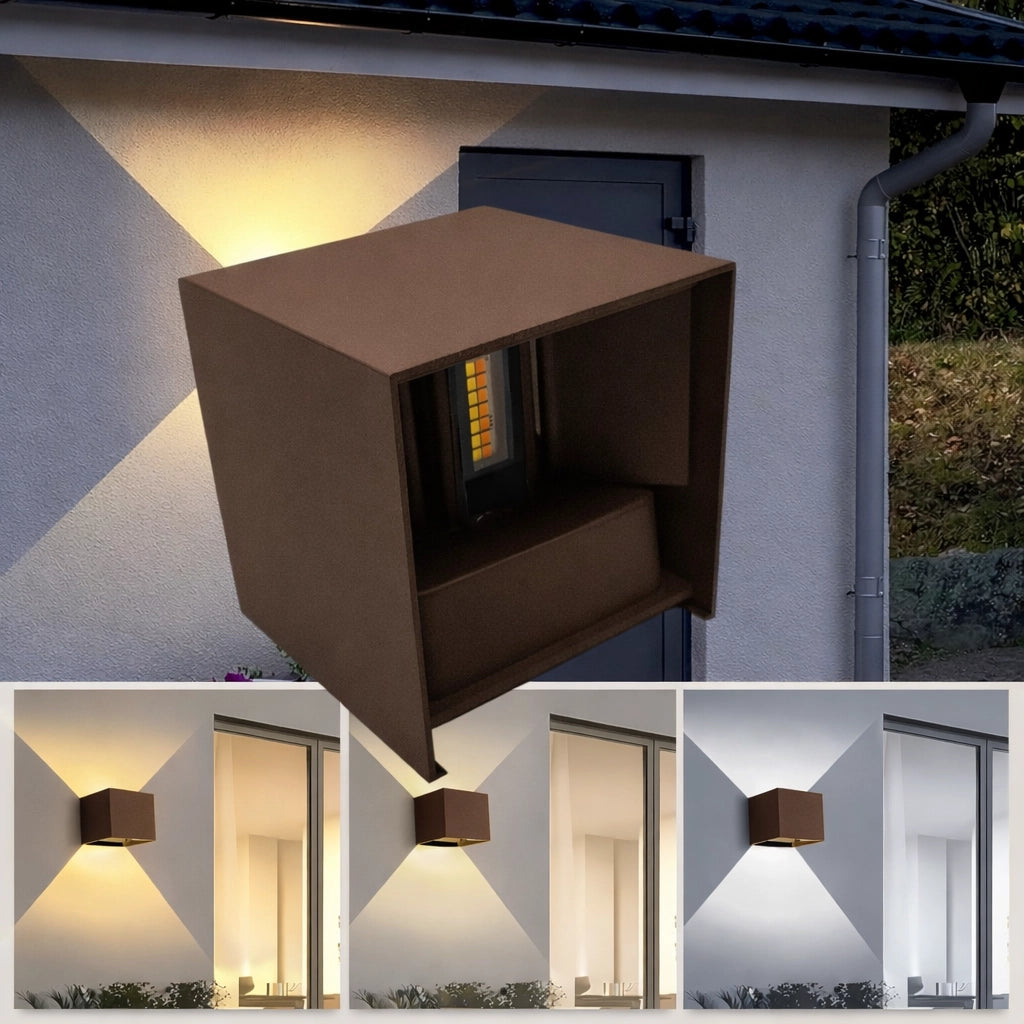 Applique LED 12W CCT per esterni IP65 colore marrone ruggine cubo up & down doppia luce regolabile lampada da parete