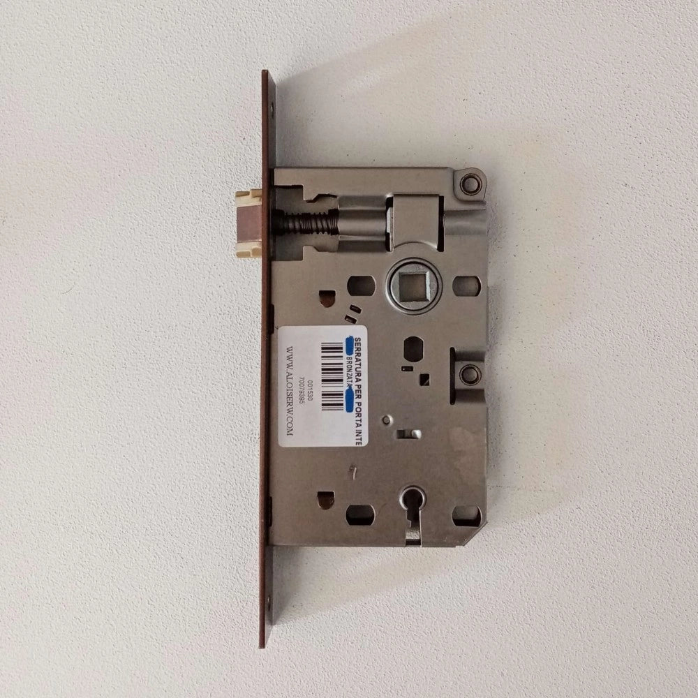 Serratura bronzata ad incasso per porta legno ad infilare patent bordo quadro, diametro 40mm