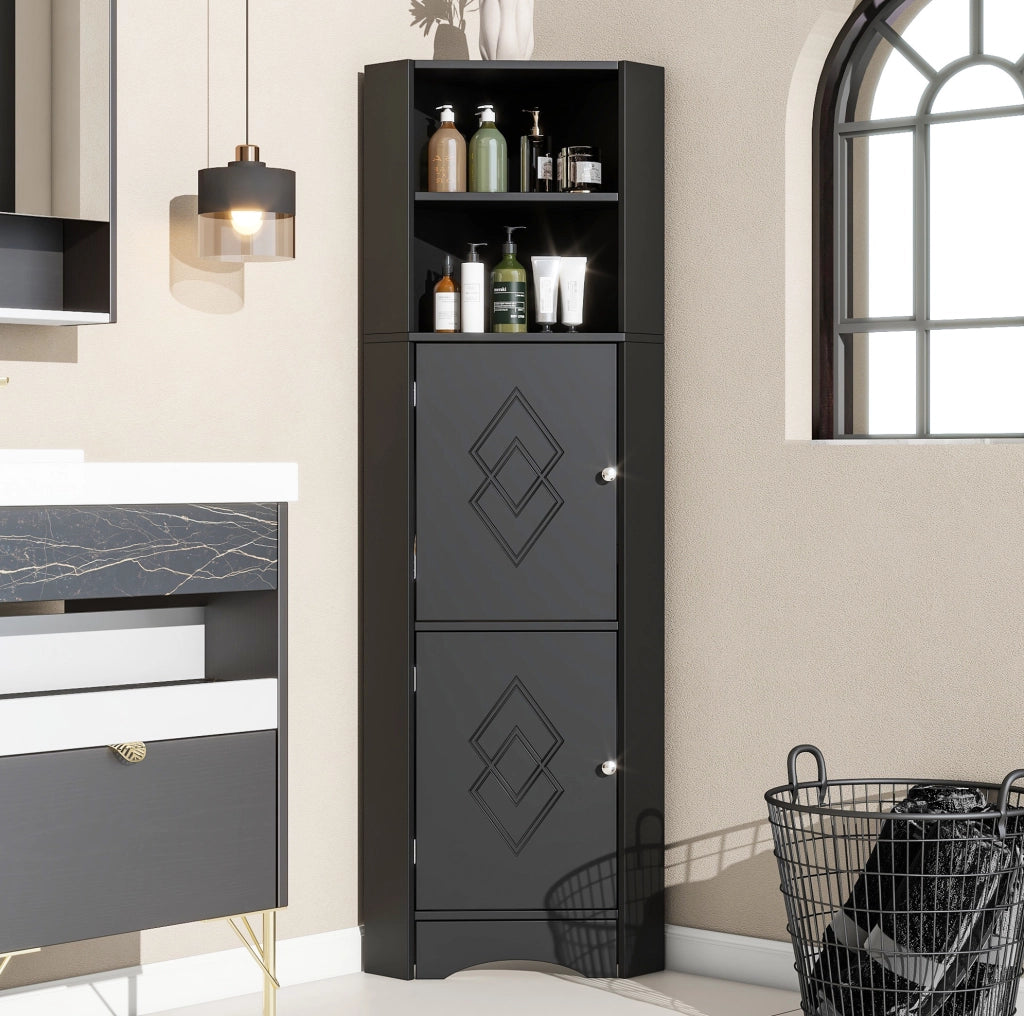 Mobile angolare da bagno nero con vano a giorno