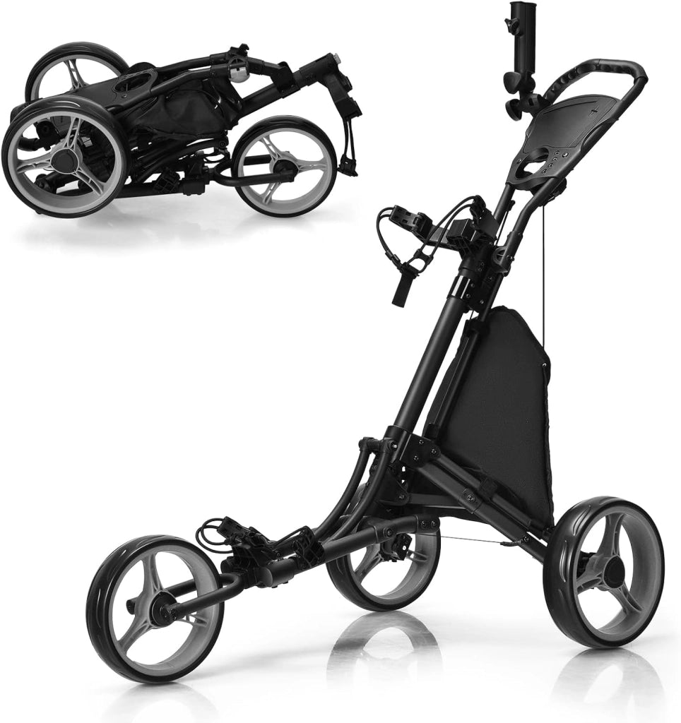 Carrello da Golf Pieghevole con 3 Ruote, Struttura in Alluminio, Cinghia Elastica, Portaombrello Regolabile e Porta Bicchiere, Segnapunti e Freno a Pedale