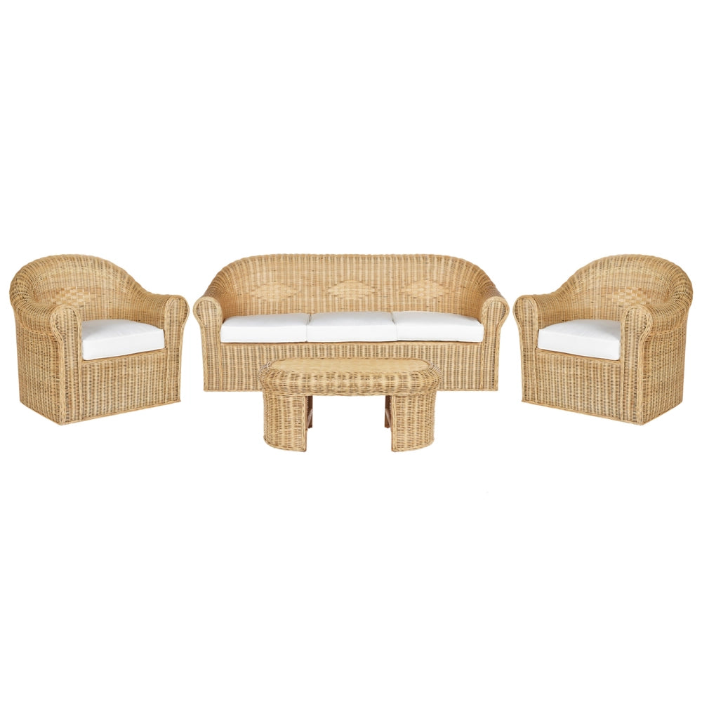 Set di divani da giardino a 5 posti in rattan naturale con cuscini in tessuto di cotone a media resistenza per esterni