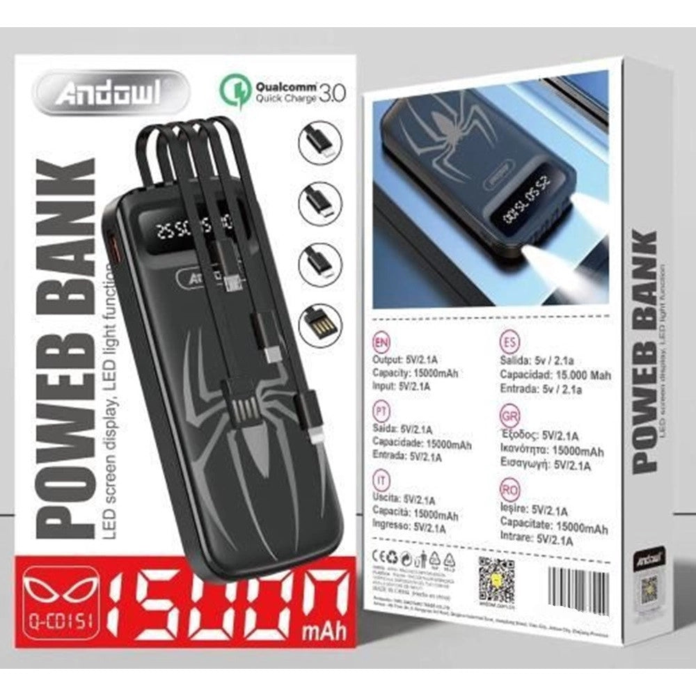 Trade Shop - Power Bank Portatile Q-cd151 15000mah Con Luce Display A Led Cavi Integrati Design Ragno -