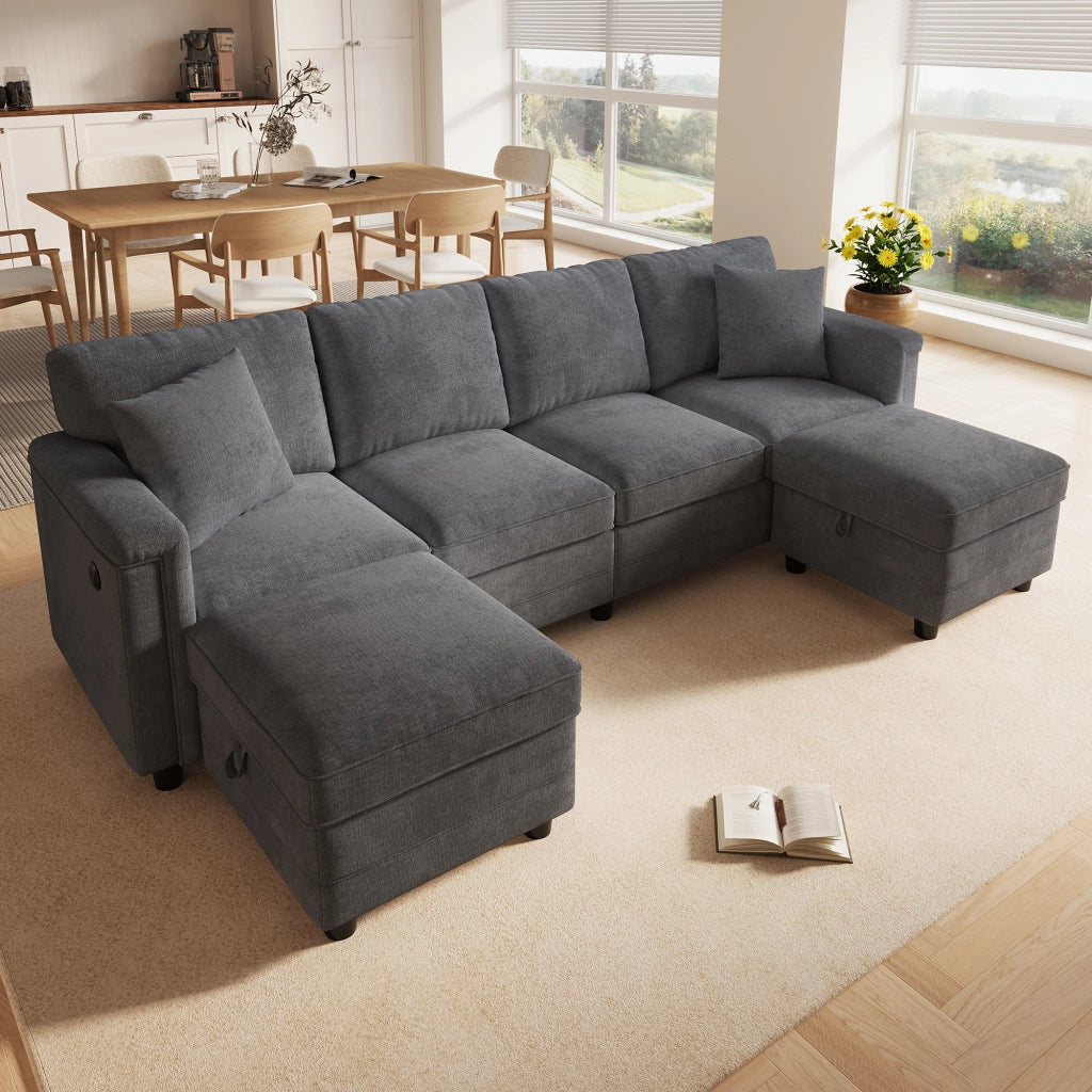 Divano modulare trasformabile a L o U 261x134x82 cm in ciniglia grigio con USB e Type-C