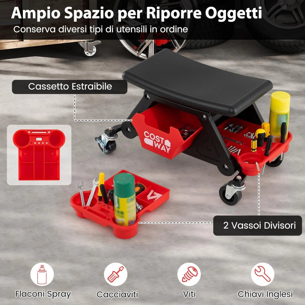 Sgabello da Officina con Ruote, Sedia Meccanico con Cassetto Estraibile e 2 Vassoi Divisori, Capacità di 135 kg, per Riparazione Auto, per Garage e Officina
