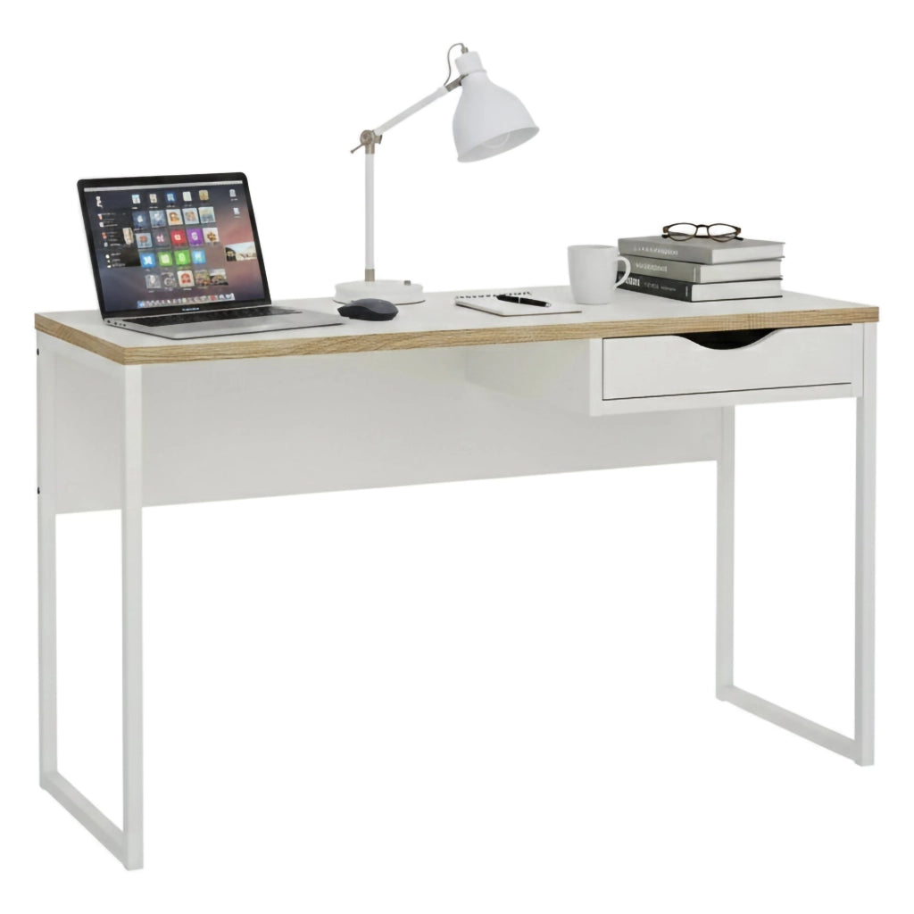 Scrivania Gil, Scrittoio multiuso, Tavolo per ufficio porta PC, Piano di lavoro, 130x48 h77 cm, Bianco