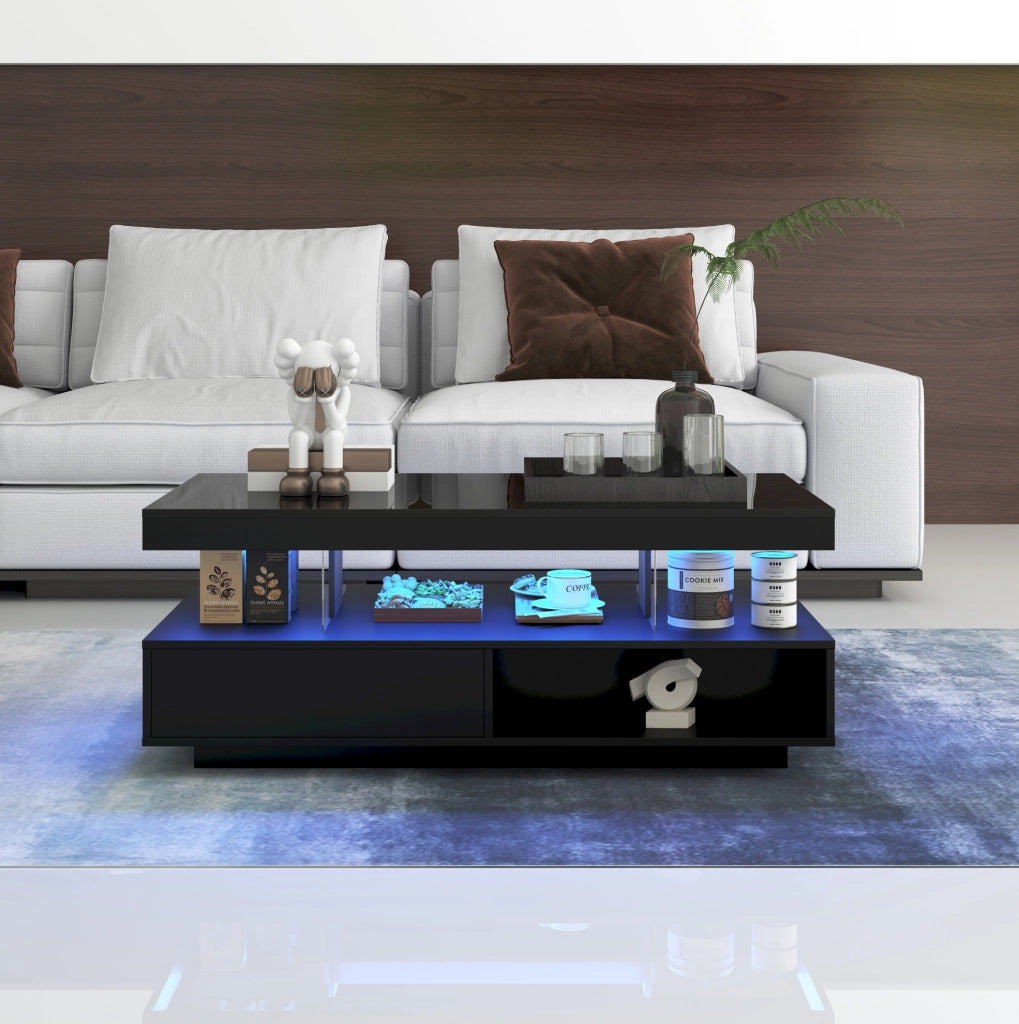 Tavolino da caffè nero lucido 95x50x42;5 cm con 4 inserti in vetro; 2 cassetti e 2 vani aperti