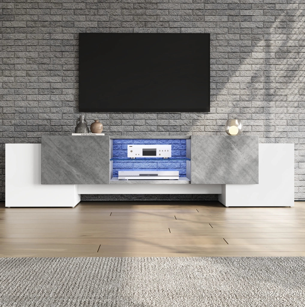 Mobile TV moderno bianco e grigio con LED e vetri temperati