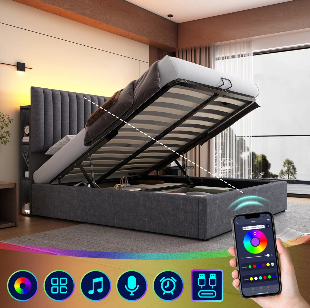 Letto matrimoniale 140x200 con LED, USB-C e vano contenitore