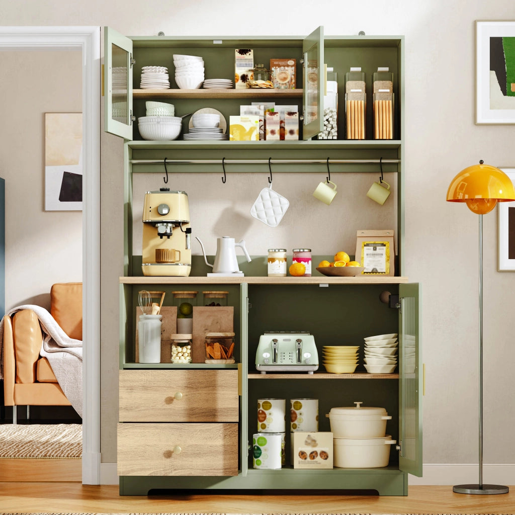 Credenza alta con vetrina, LED e prese USB, 4 ante in vetro temperato, per cucina, verde, 40 × 110 × 178 cm