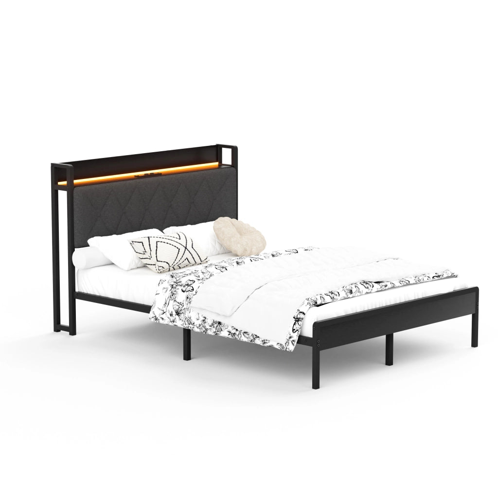 Letto imbottito 140x190 cm con testiera LED e USB, struttura in metallo, nero/grigio