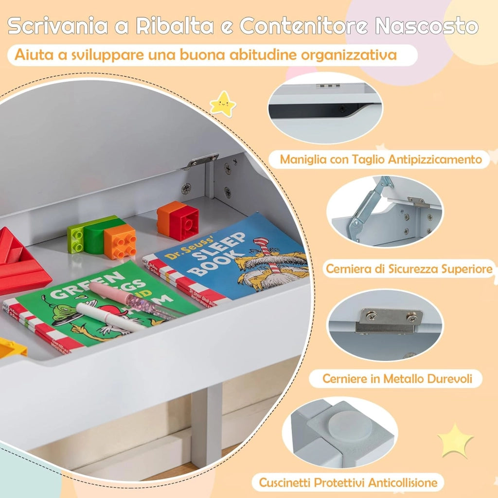 Set Tavolo e Sedia d’Arte per Bambini 3+ Anni, Scrivania in Legno di Pino da Disegno con Portarotolo, Piano Ribaltabile & Vano Portaoggetti, Rotolo di Carta (10m) e 2 Pennarelli (Grigio)