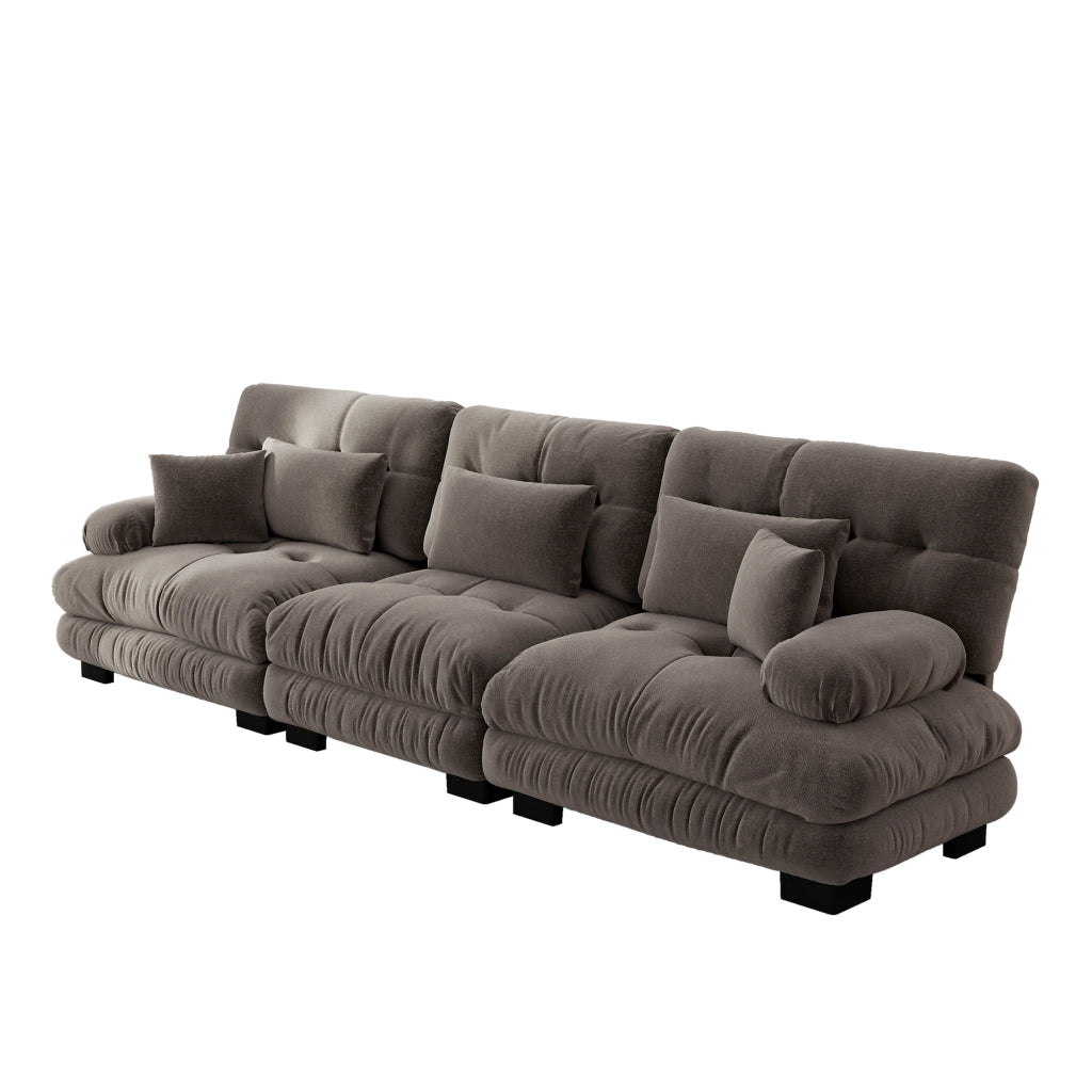 Divano angolare modulare con seduta profonda e cuscini, in ciniglia marrone per soggiorno 313 × 77 × 81 cm
