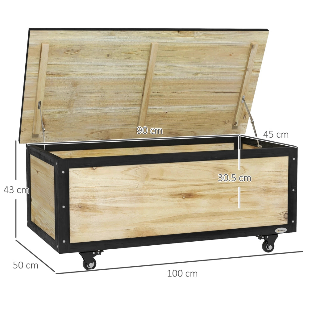 Cassapanca da esterno in legno massello di abete con 2 ruote, 121 l, per balcone e terrazzo, naturale 100 × 50 × 43 cm