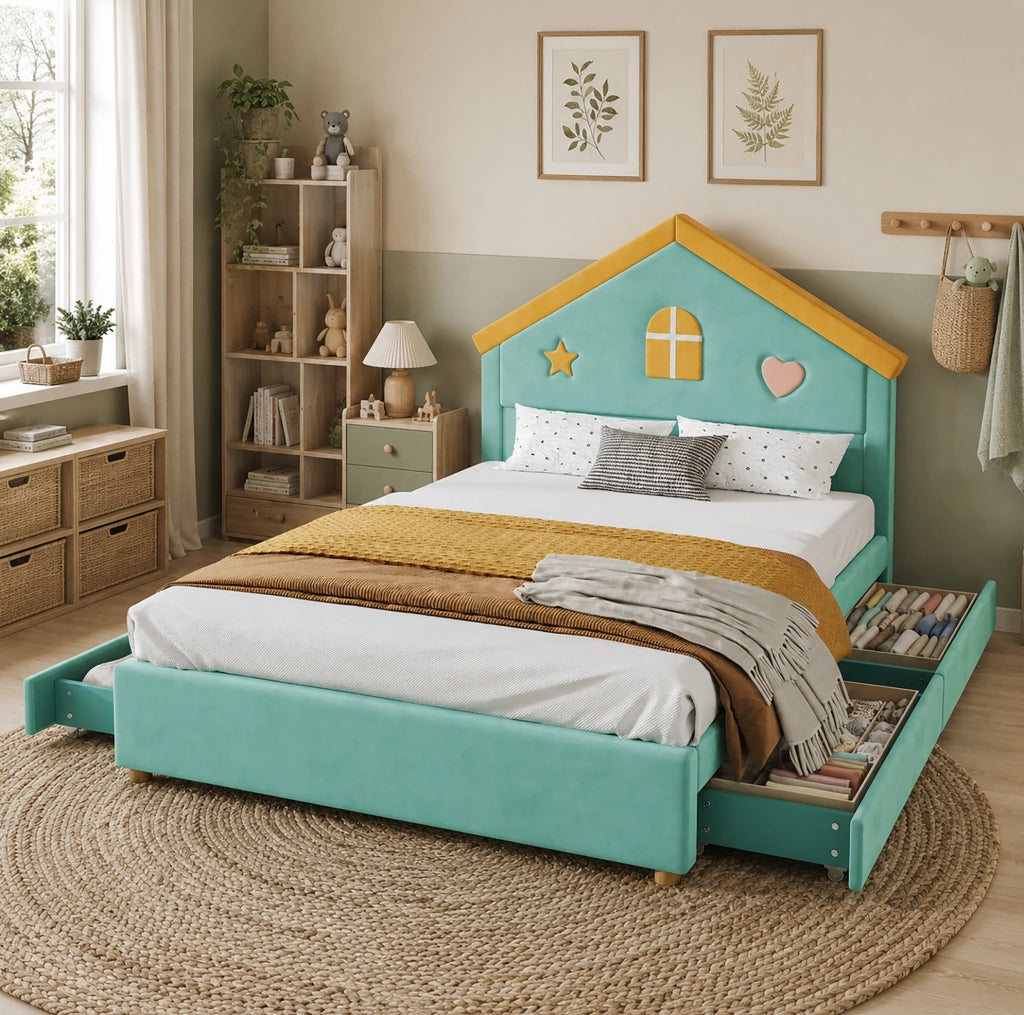 Letto imbottito per bambini a casetta 140x200 cm con 4 cassetti; velluto francese blu-verde