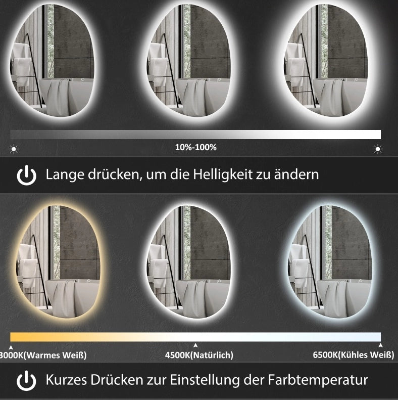 Specchio da bagno asimmetrico con luce regolabile e antiappannamento