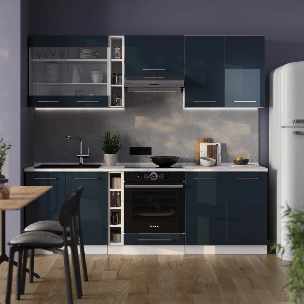 Mobile da cucina Fame-Line Blu scuro lucido/Bianco 235 cm, PL Marmo Vicco