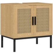 Mobiletto da bagno in stile boho con elementi in rattan ¨C zephmum ¨C bianco 60x30x50
