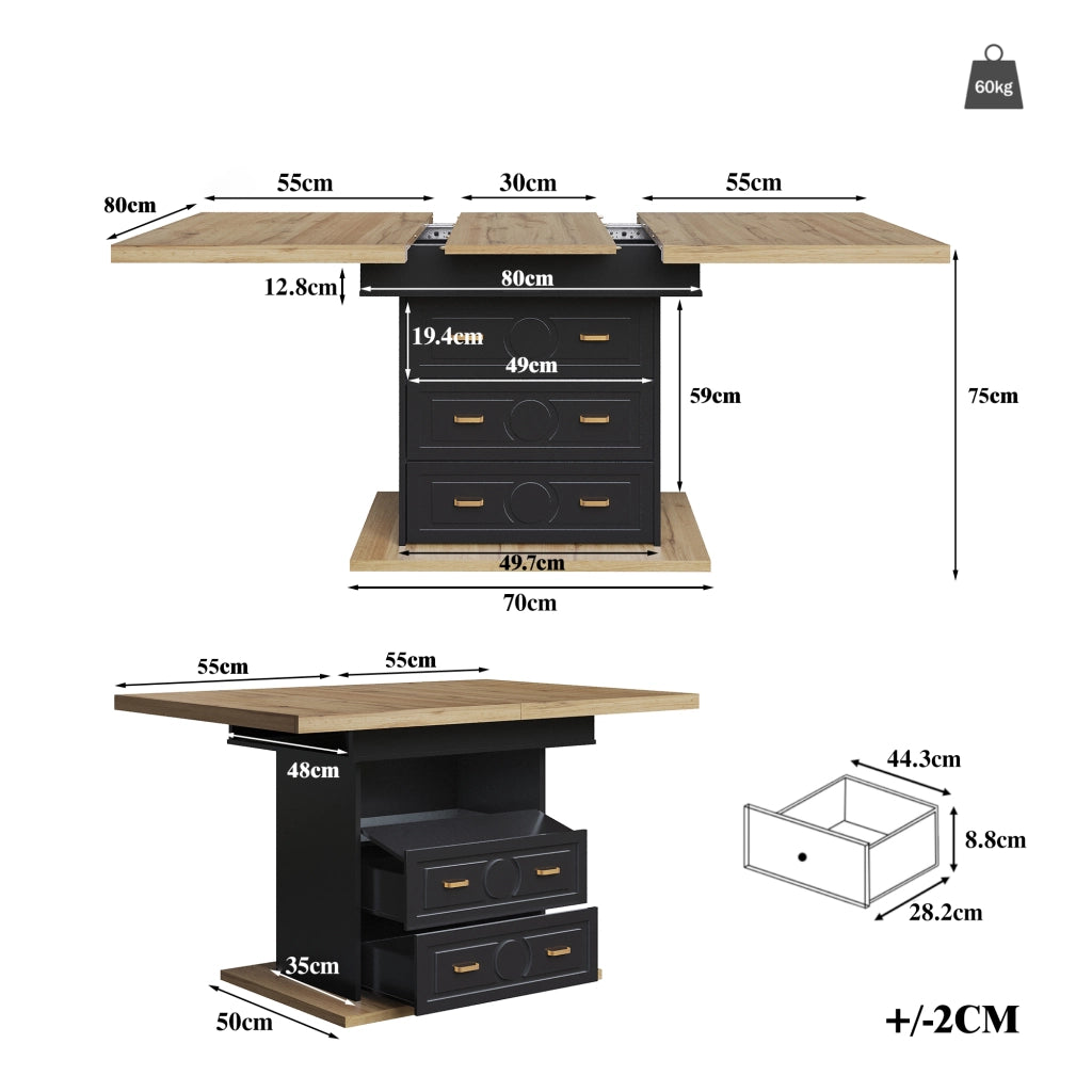 TAVOLO DA PRANZO ALLUNGABILE 110-140x80x75 cm MDF E METALLO NATURALE