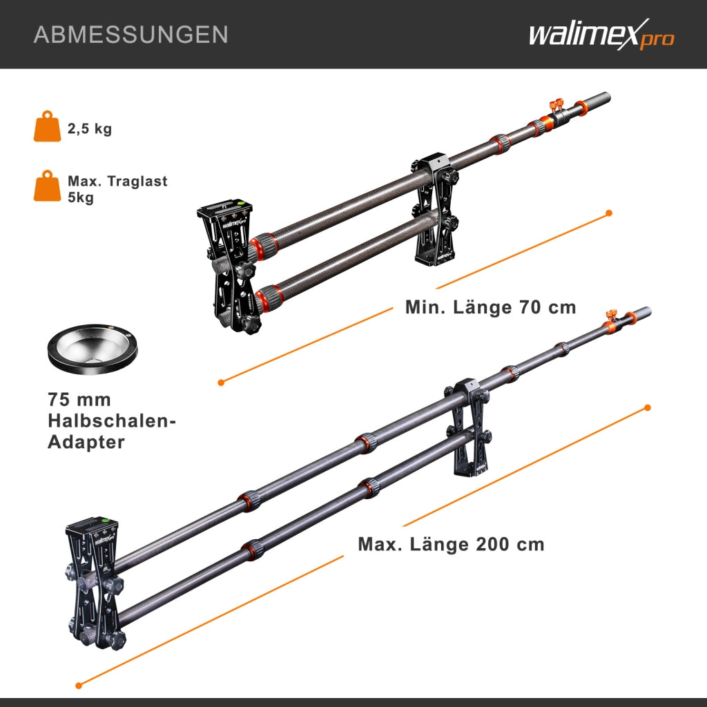 Carbon Camera Jib Traveller 7.2, Jimmy Jib per telecamera, braccio per videocamera estensibile 70-200cm, 16x10x80cm, filettatura 1/4“
