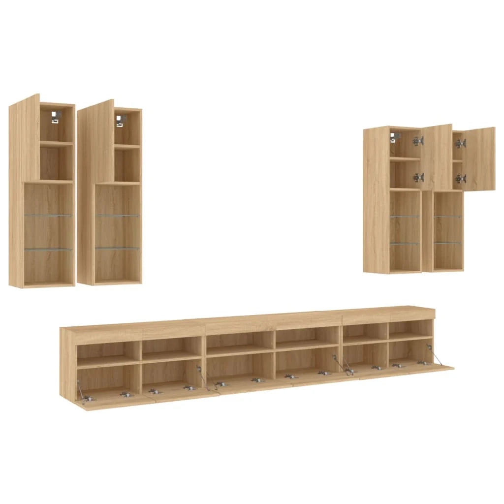 Set di mobili credenza TV soggiorno camera da letto parete soggiorno x 7 pezzi e luci LED rovere sonoma marrone 02_0025375