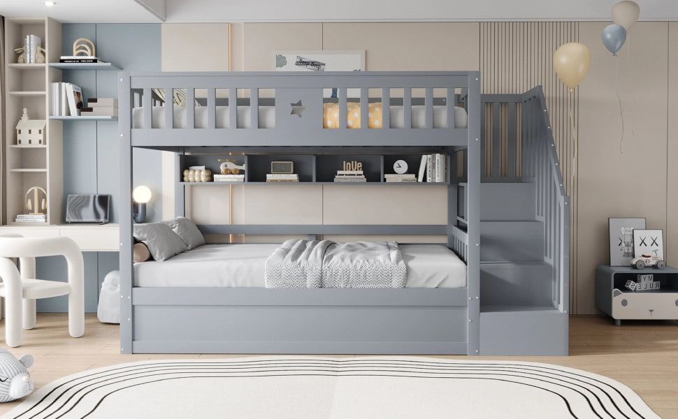 DESMIU Letto a castello 90 × 200 cm 2 posti con contenitore idraulico, ripiani e scala, senza materasso, grigio
