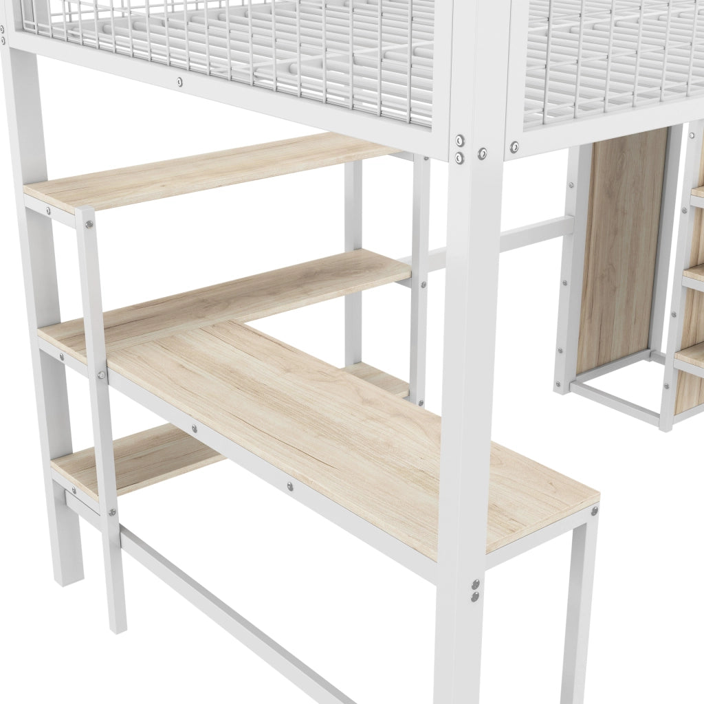 OKWISH Letto a Soppalco 140×200 cm, Letto Matrimoniale con Scrivania, Armadio e Scaffali, senza Materasso, in Metallo e MDF, Bianco