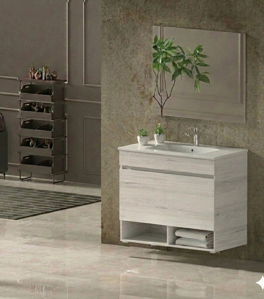 Mobile Bagno NEBARI Già Montato 1 cassetto, lavabo e specchio Bianco nordico 60x45 cm