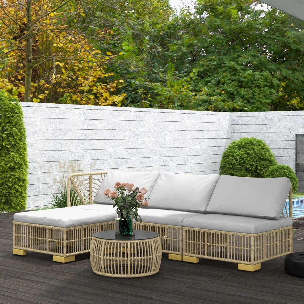 Set Divano da Giardino 5 pz con Cuscini e Pouf ¨C MINIMAL ¨C Polyrattan Grigio Chiaro