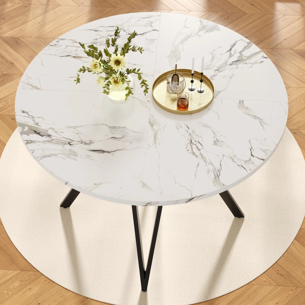 Tavolo rotondo da pranzo 100x100x76 cm in MDF effetto marmo nero con struttura in metallo