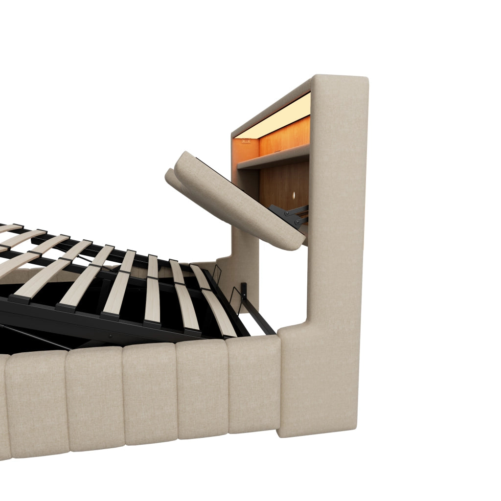 Letto imbottito 140x200 cm con contenitore; LED e porte USB in tessuto beige
