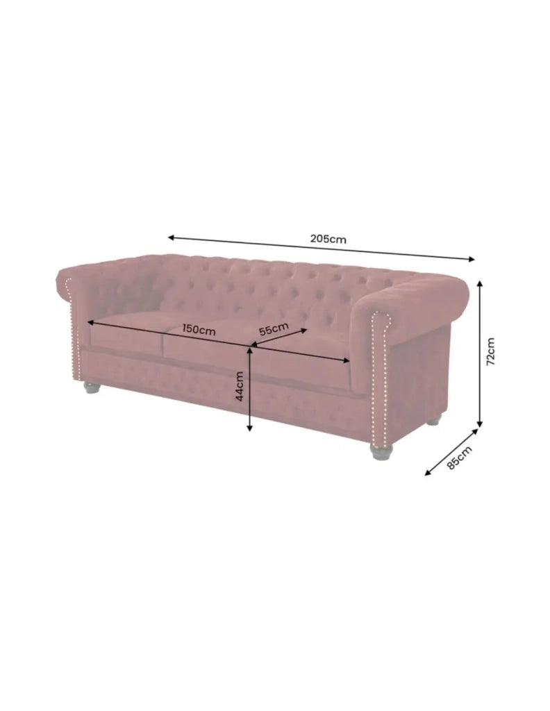Divano Chesterfield EDGAR diritto 3 posti in velluto capitonnato - Rosso rubino - 205 x 72 x 85 cm