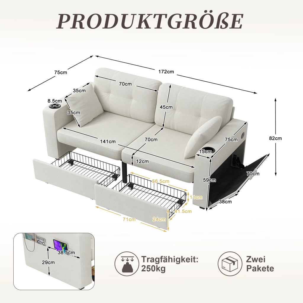 Divano a 2 posti con due cassetti contenitore, porte USB, portabicchieri e tasche laterali in ciniglia beige
