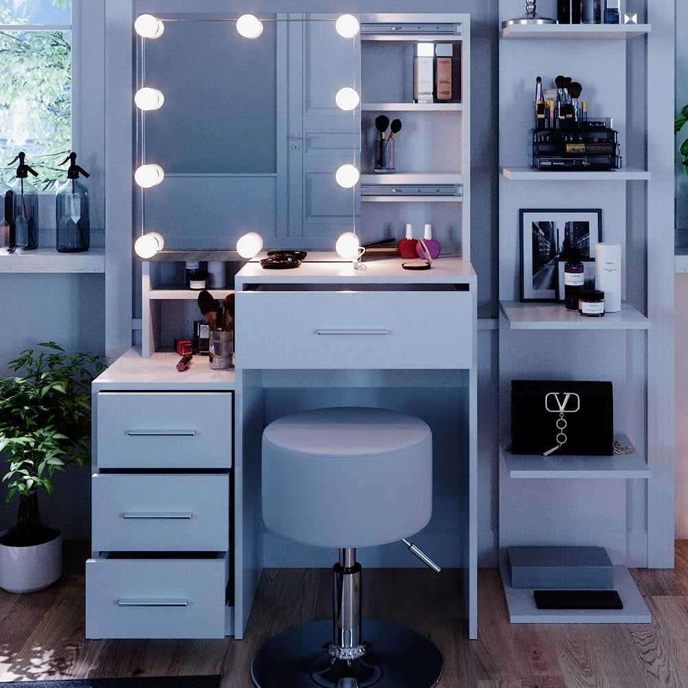 Tavolo da toeletta Conrada, Bianco, 80 cm con illuminazione LED e sgabello, adatto per l'organizzazione di articoli cosmetici e accessori