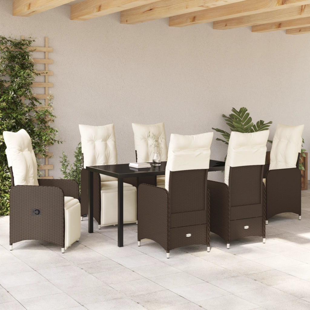 Set da Pranzo da Giardino 7 Pezzi con Cuscini Marrone Polyrattan