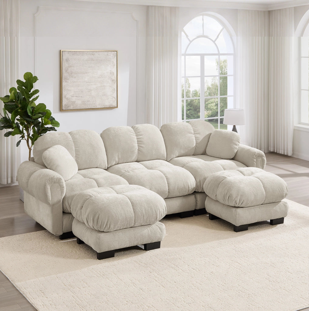 Divano modulare a U 3 posti con ottomana mobile 260x149x90 cm in chenille kaki chiaro