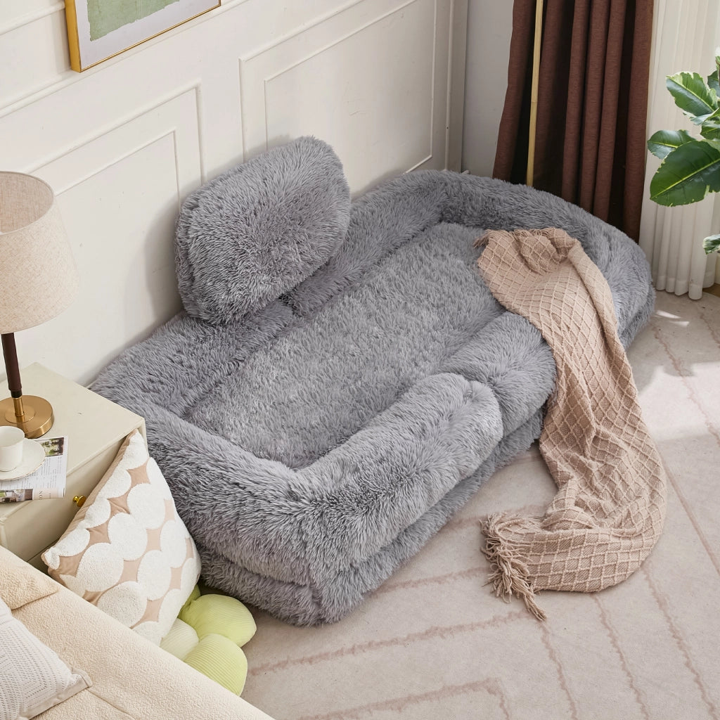 Divano convertibile da pavimento con schienale regolabile a 5 posizioni e cuscino in tessuto peluche grigio chiaro