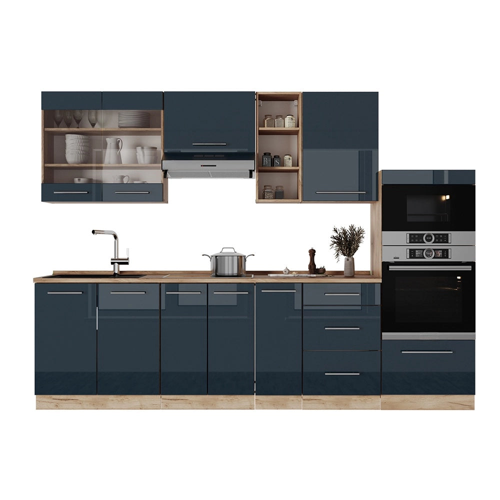 Cucina componibile Fame-Line Blu scuro lucido/Rovere dorato 280 cm, PL Antracite Vicco