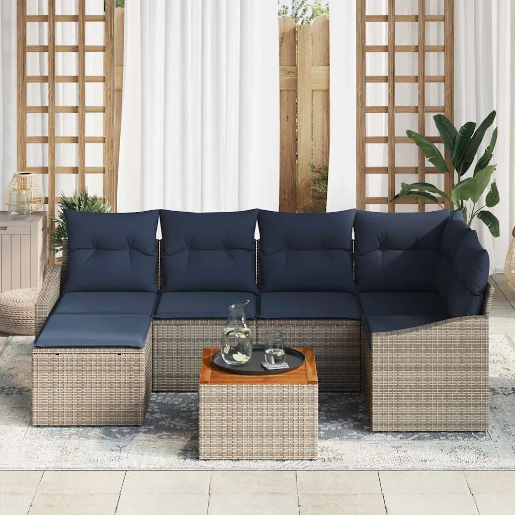 Set Divano da Giardino 7 pcs Grigio e Blu Navy polyrattan