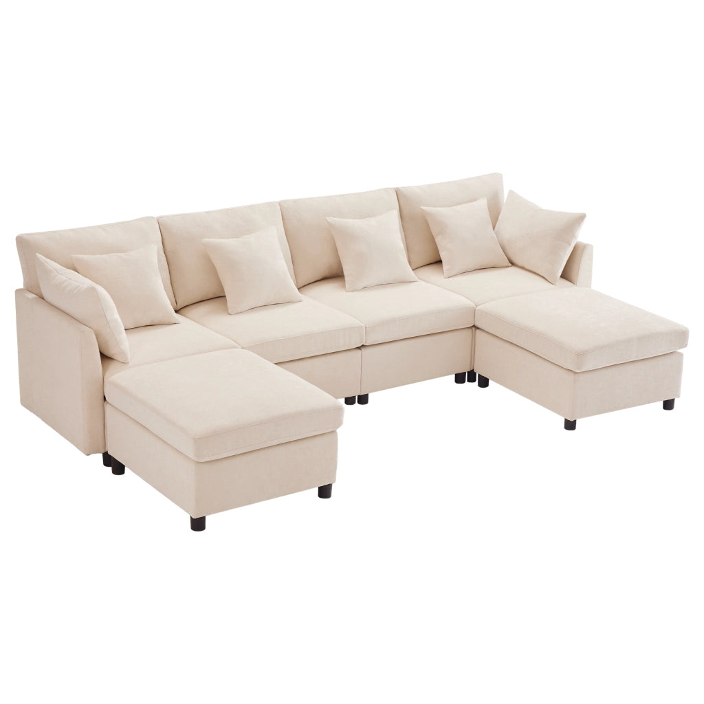 Divano modulare in chenille, trasformabile in configurazione U o L, con 2 pouf e 6 cuscini, beige