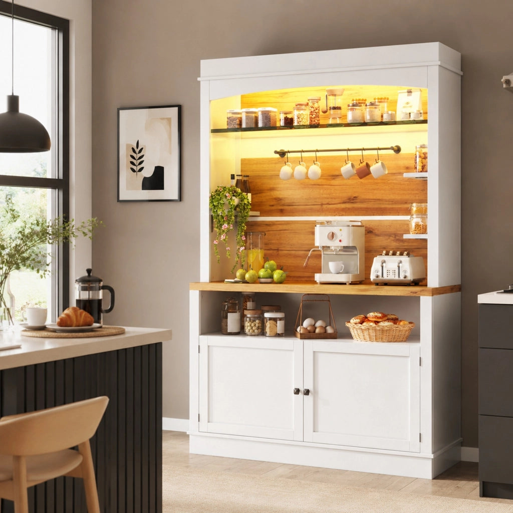 Mobile alto da cucina con LED RGB e ganci, bianco, 107x34x184 cm