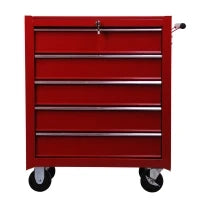 Carrello Porta Utensili con 5 Cassetti, Serratura, 2 Chiavi e Manubrio Parete Smontabile 2 Ruote con Freno in Lamiera d'Acciaio EVA Rosso 67,5x33x77cm