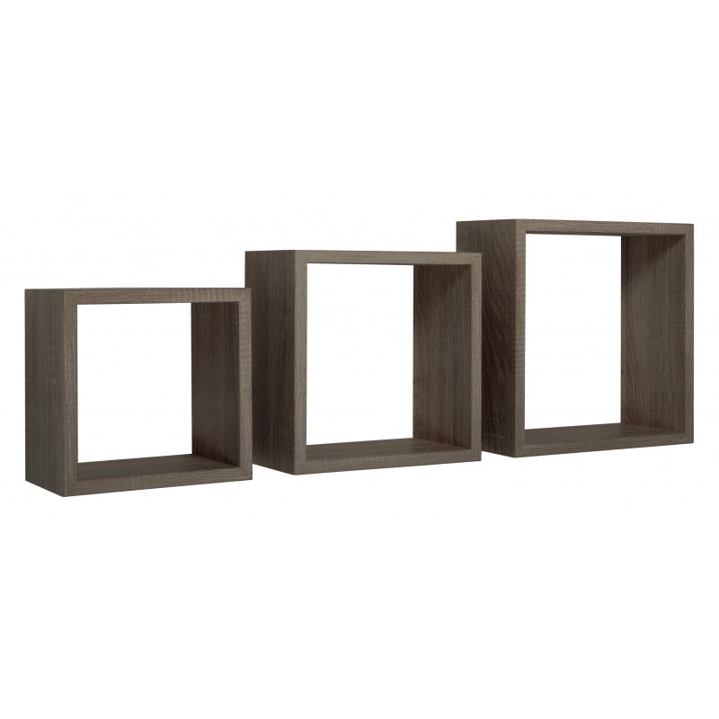 Set di 3 Mensole da Muro, Cubi Arredo, Mensole Cubo, Cubi da Parete, Noce, 35x35, 30x30 e 25x25 p15,5 cm - Incubo