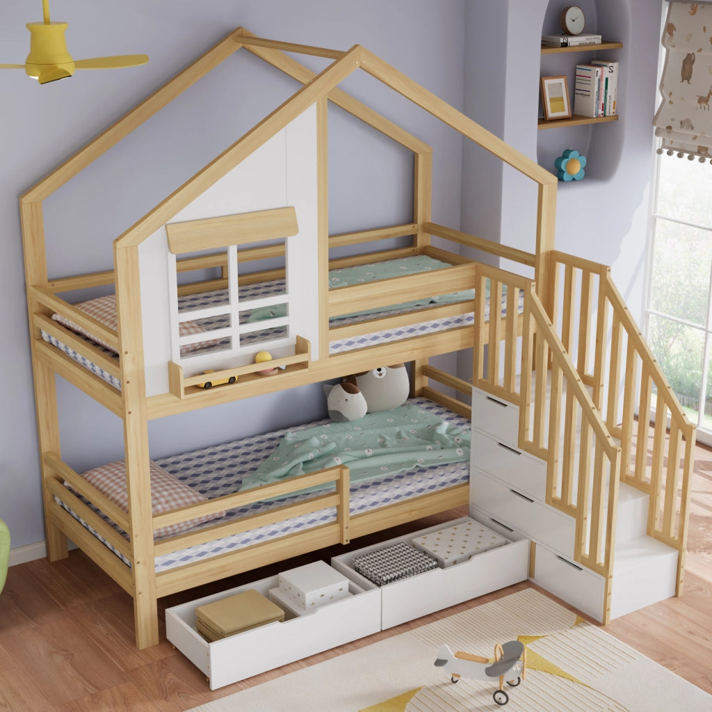 Letto a castello 90x200 cm con cassetti e scala di sicurezza in legno e MDF bianco e naturale
