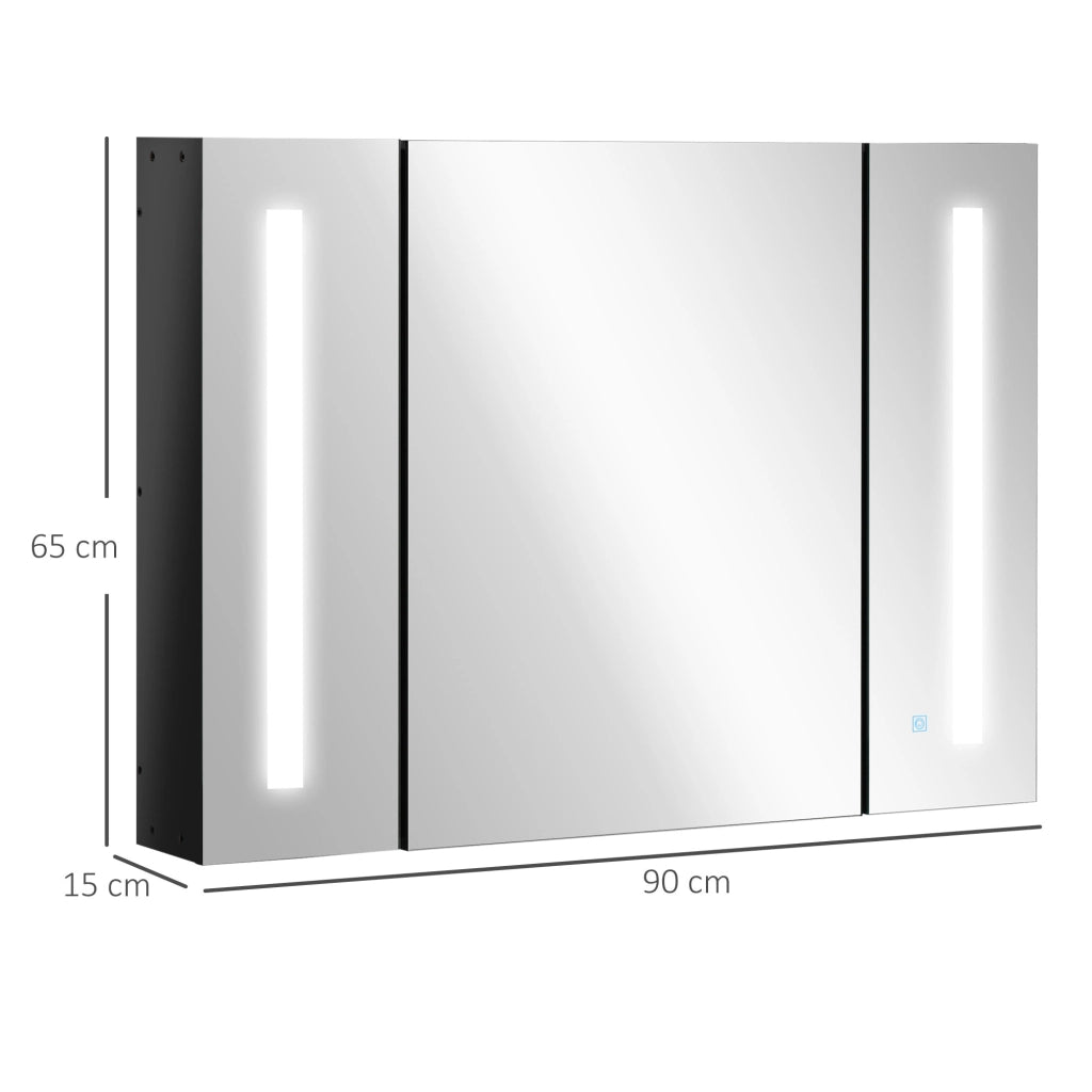 EasyComfort Armadietto con Specchio da Bagno a Parete in MDF con 3 Armadietti, 3 Ripiani e Luce LED, 90x15x65 cm, Nero