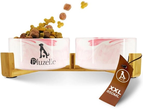 Bowl 2-in-1 per Cani e Gatti XXL, 2 x 850 ml Scodelle CERAMICHE con Struttura in Legno di Bambù, Scodella Antiscivolo per Cani e Gatti, per Cibo Secco, Cibo Umido e Acqua (Rosso Marmo)